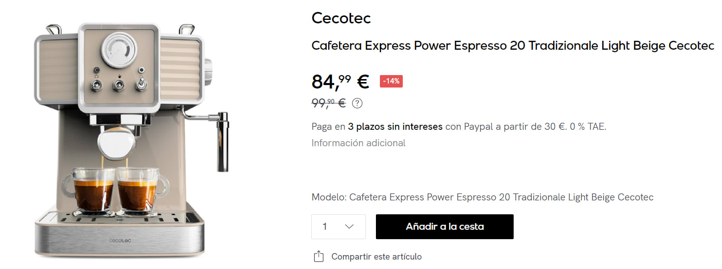 Cafetera Espresso 20 Bares Cecotec Power Espresso 20 Tradizionale por 84.99€