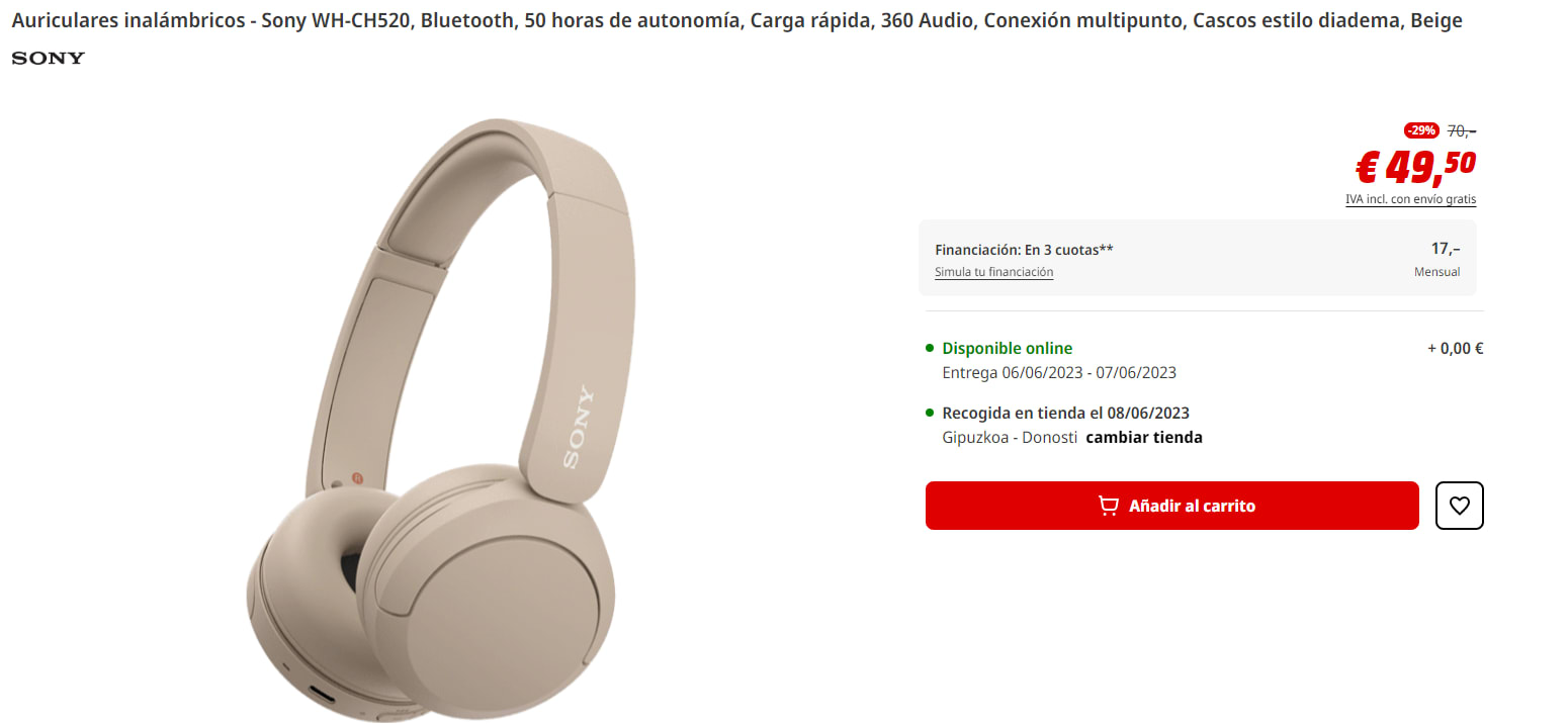 Auriculares inalámbricos  Sony WH-CH520, Bluetooth, 50 horas de autonomía,  Carga rápida, 360 Audio, Conexión multipunto, Casco estilo diadema, Blanco