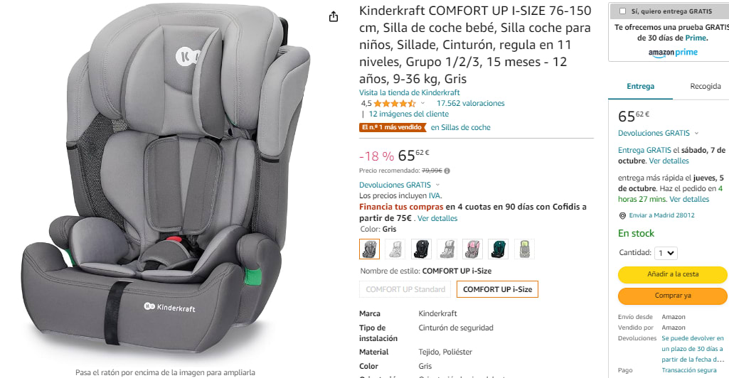 Kinderkraft COMFORT UP I-SIZE 76-150 cm, Silla de coche bebé, Silla coche  para niños, Sillade, Cinturón, regula en 11 niveles, Grupo 1/2/3, 15 meses  - 12 años, 9-36 kg, Gris : : Bebé