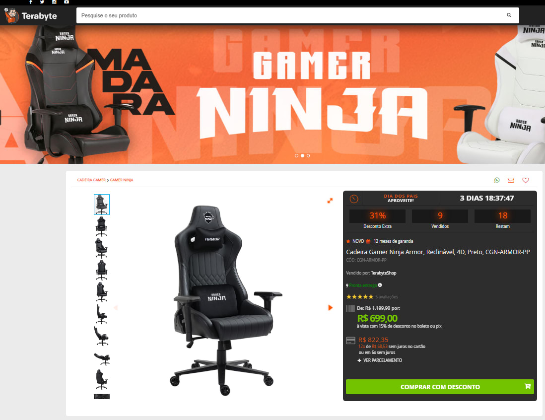 Cadeira Gamer Ninja Armor, Reclinável, 4D, Preto E Branca, CGN-ARMOR-PB