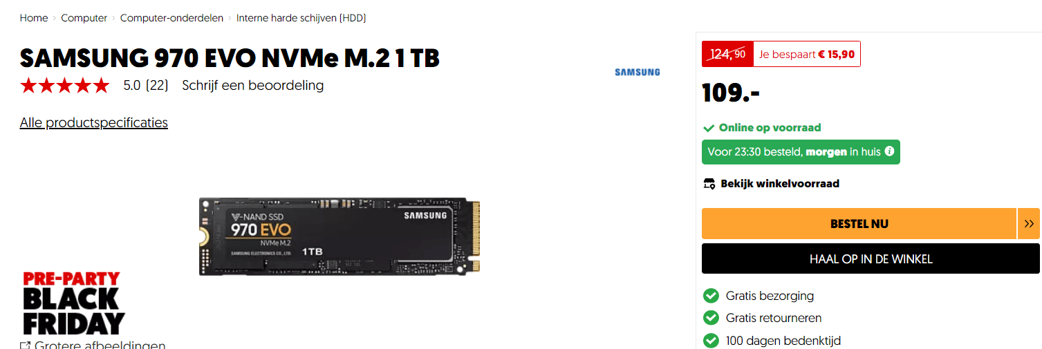 SAMSUNG 970 EVO NVMe M.2 1 TB voor €109 Aanbiedingen Enlarged image