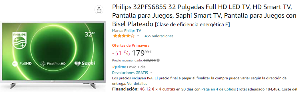 Philips TV 32PFS6855 32 pulgadas Full HD LED TV, HD Smart TV, pantalla para  juegos, Saphi Smart TV, pantalla para juegos con bisel plateado : Philips:  : Electrónica