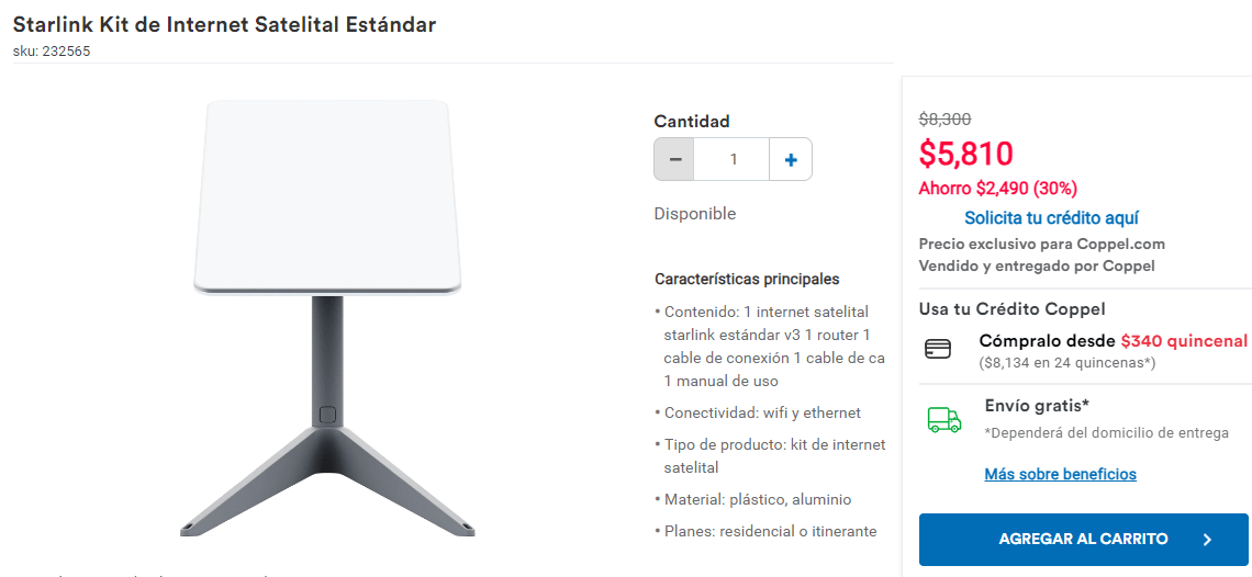 Starlink Kit de Internet Satelital por $5,810 en Coppel