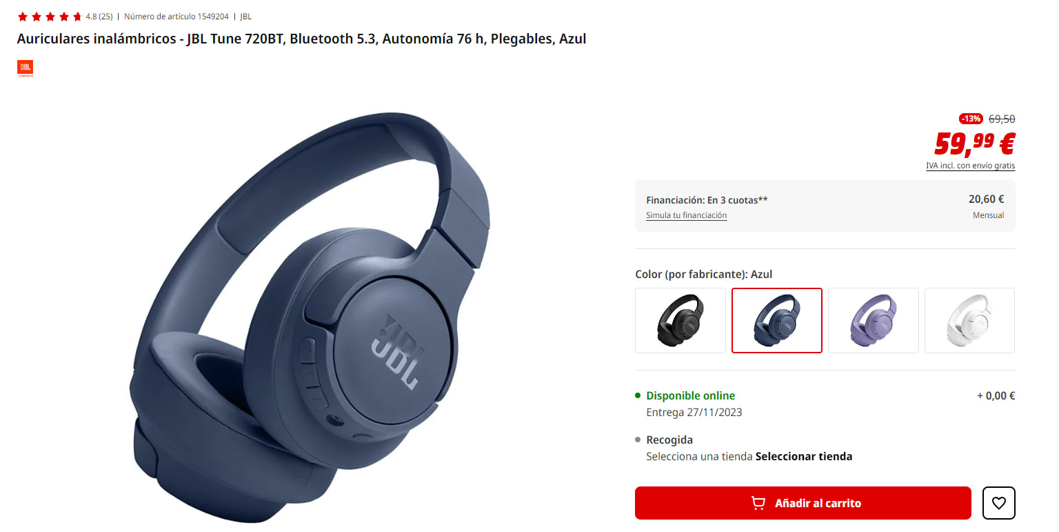 Auriculares inalámbricos JBL Tune 720BT por 59,99€