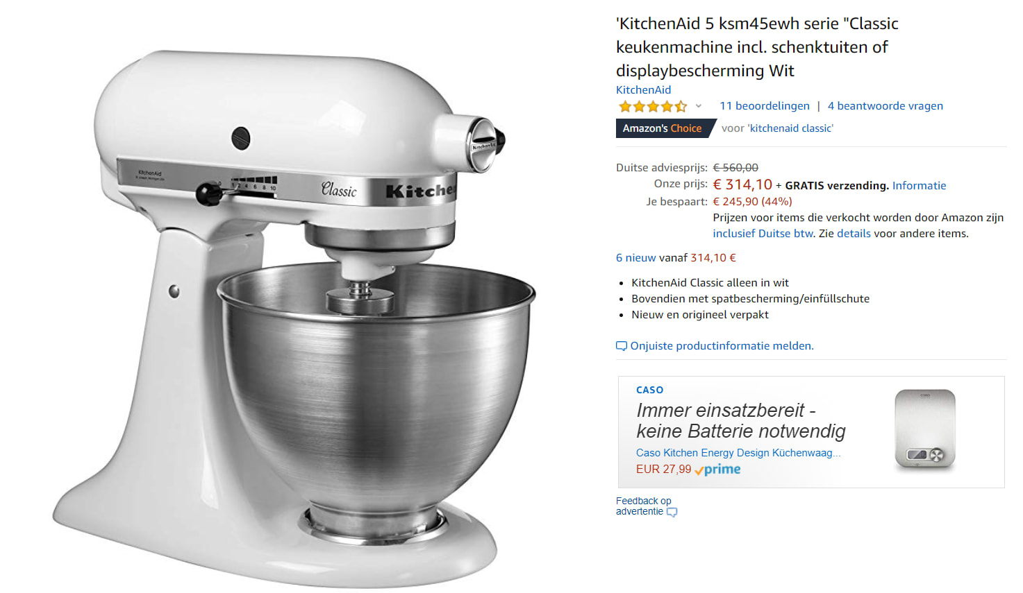 🤑 Kitchenaid Classic 5KSM45EWH Aanbieding - €314,10 bij Amazon.de