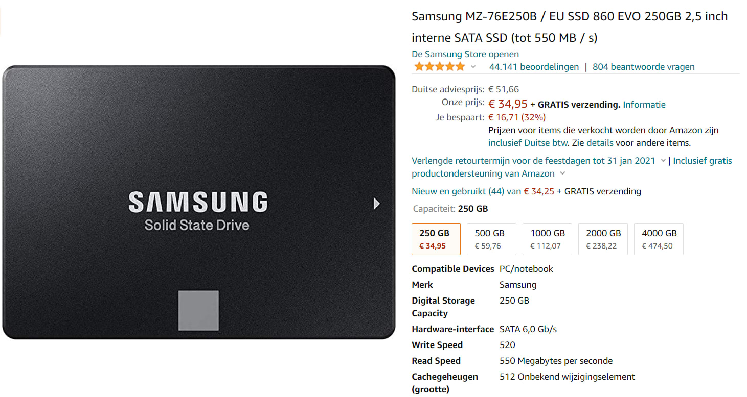 SAMSUNG SSD 860 EVO 2.5" 250GB voor €34,95 Aanbiedingen Enlarged image