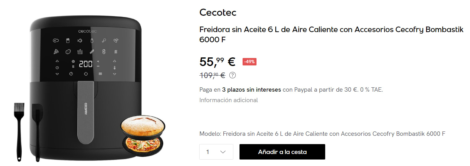 Cecotec Freidora sin Aceite 6 L de Aire Caliente con Accesorios