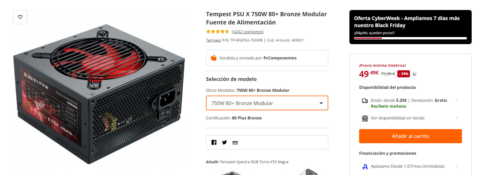 Tempest PSU X 750W 80+ Bronze Modular Fuente de Alimentación