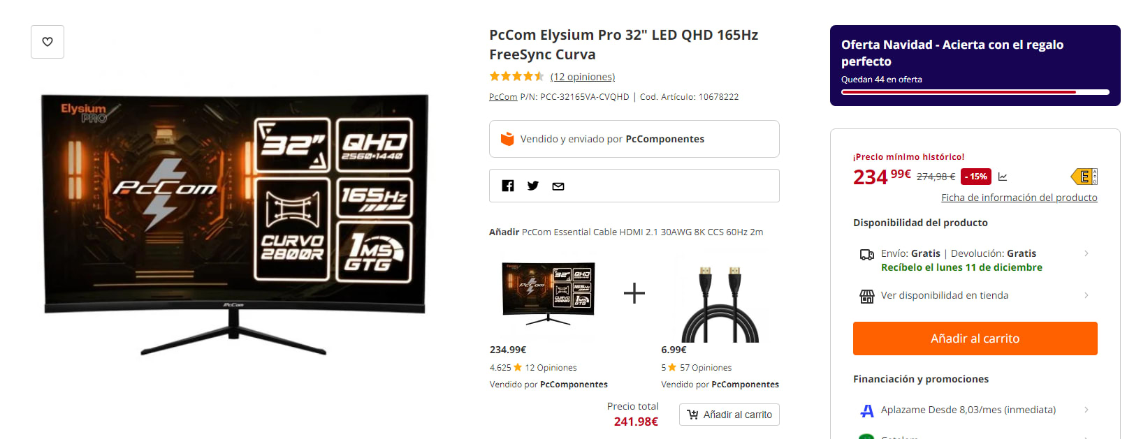 Monitor Gaming PcCom Elysium Pro 32" LED QHD 165Hz FreeSync Curva por 234,99€