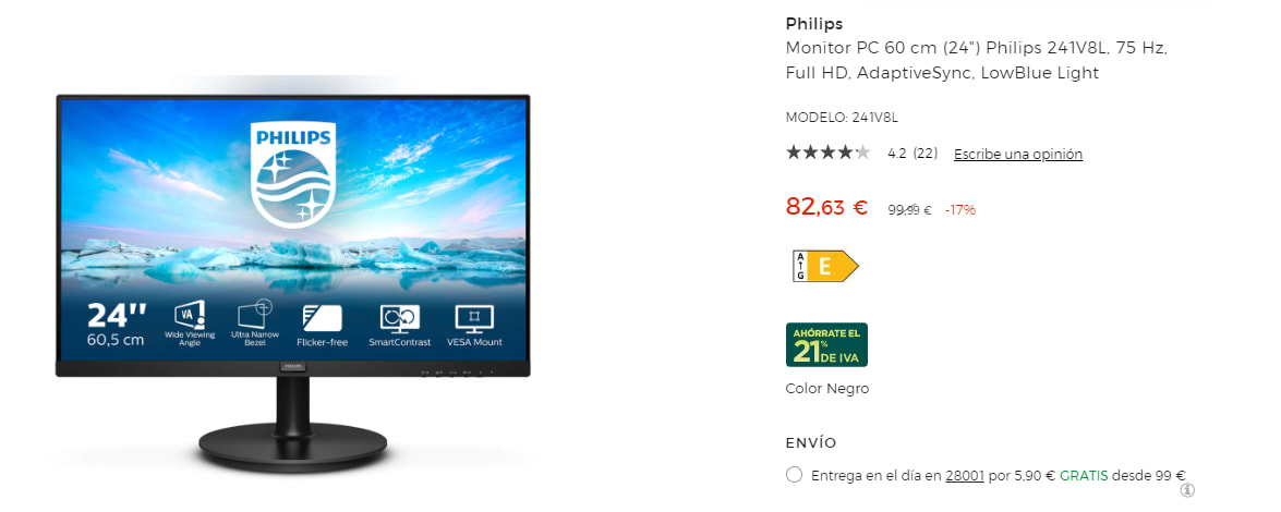 Monitor PC 60 cm (24) Philips 241V8L, 75 Hz, Full HD