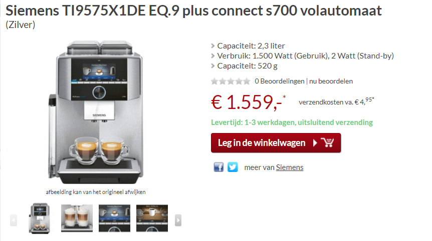 Siemens TI9575X1DE EQ.9 Espressomachine voor €1559 Aanbiedingen Enlarged image