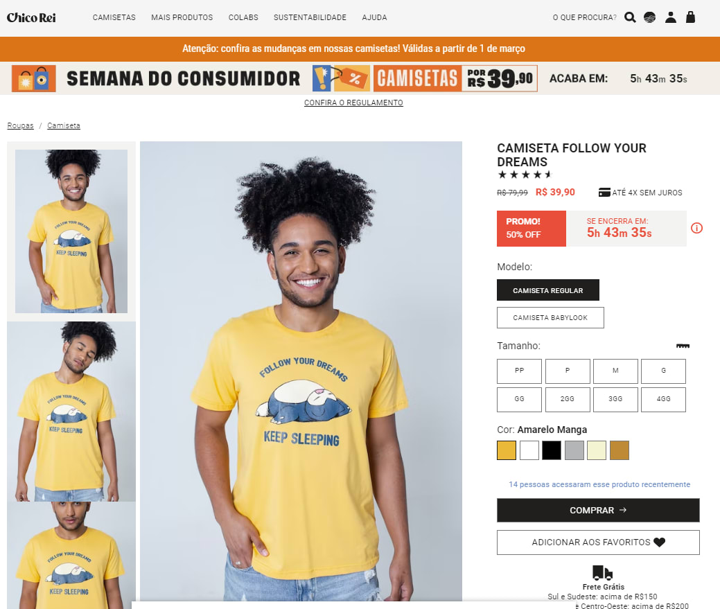 Todas as camisetas no site da Chico Rei estão por R$ 39,90