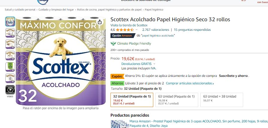 Pack de 63 rollos de Papel Higiénico Scottex Acolchado