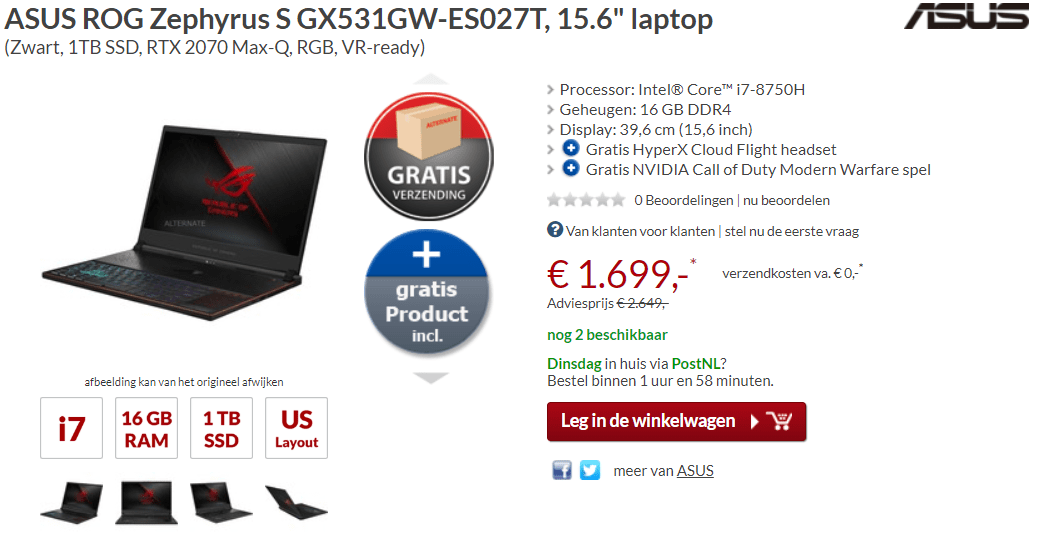 Asus ROG GX531GW-ES027T 15.6 Inch (144 Hz) voor €1699 Aanbiedingen Enlarged image