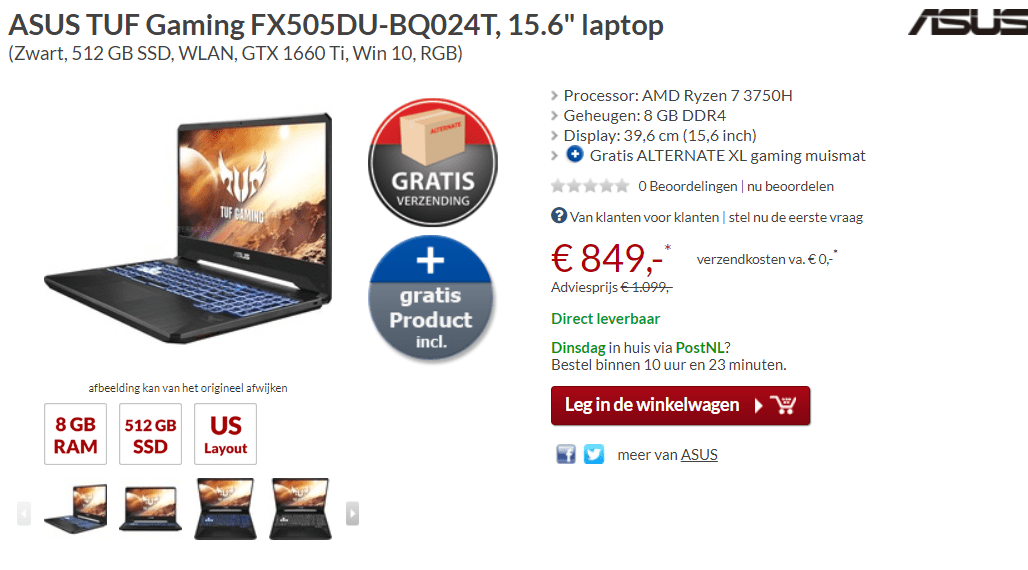 ASUS TUF Gaming FX505DU-BQ024T Laptop voor €849 Aanbiedingen Enlarged image