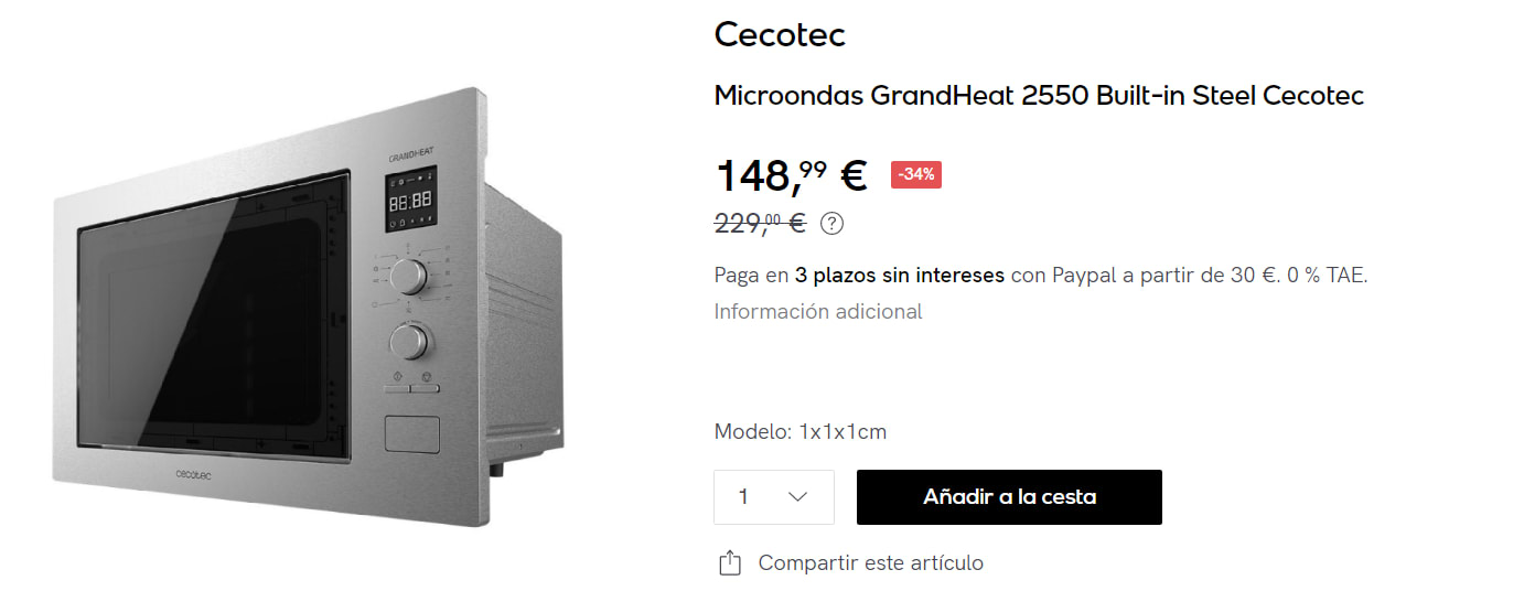 Microondas Cecotec GrandHeat 2550 Built-In Steel
