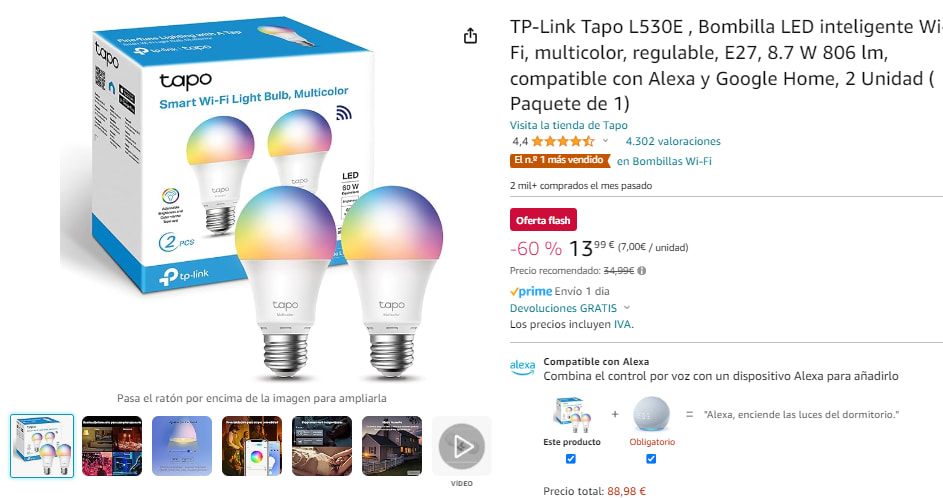 Bombilla inteligente  TP-Link Tapo L530E, Pack 2, LED 806 Lm, 8.7W, RGB,  Control por voz, WiFi, E27