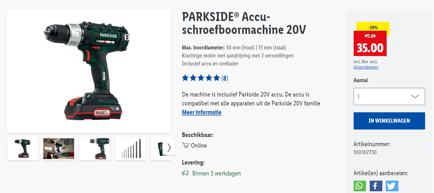 PARKSIDEĀ® Accu-schroefboormachine 20V voor ā¬35 Aanbiedingen Enlarged image