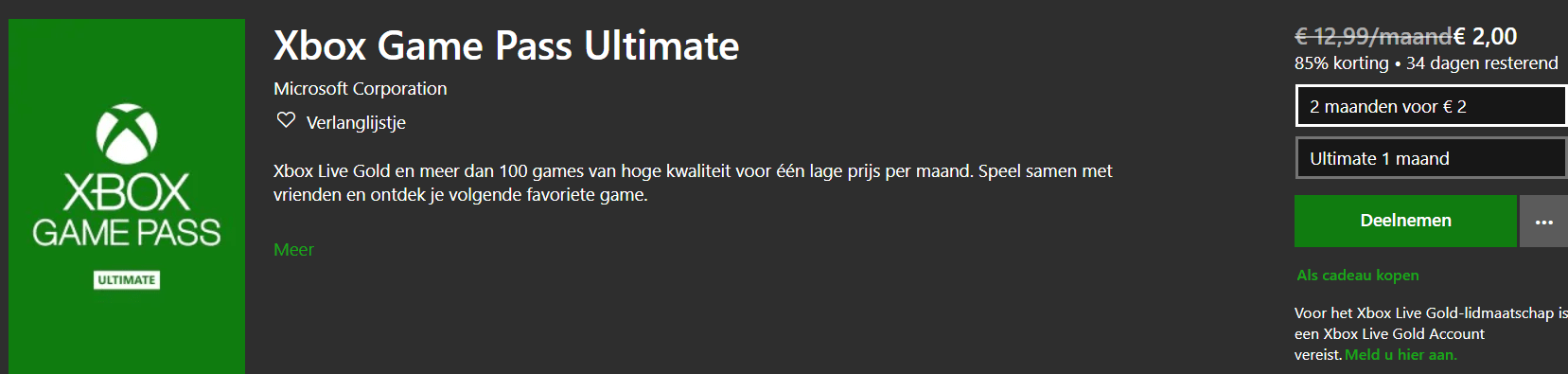 Xbox Game Pass Ultimate (Xbox One/PC) 2 Maanden voor €2,- Aanbiedingen Enlarged image