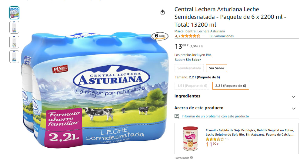Central Lechera Asturiana Leche Semidesnatada Paquete de 6 x 2200 ml -  Total: 13200 ml por 13
