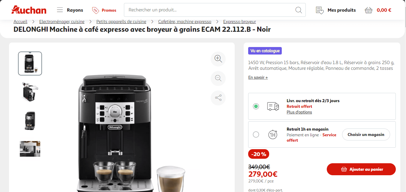 Machine à café expresso avec broyeur à grains Delonghi ECAM 22.112.B - Noir  –