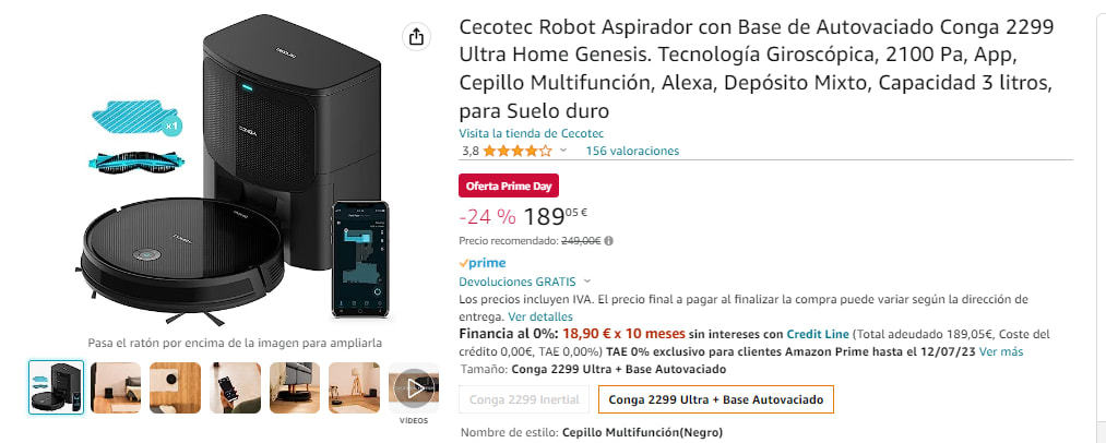  Cecotec Robot Aspirador con Base de Autovaciado Conga 2299  Ultra Home Genesis. Tecnología Giroscópica, 2100 Pa, App, Cepillo  Multifunción, Alexa, Depósito Mixto, Capacidad 3 litros, para Suelo Duro