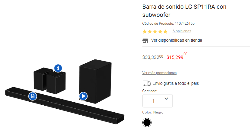 Barra de sonido LG-SP11RA con subwoofer por $15,299 en Sam's Club