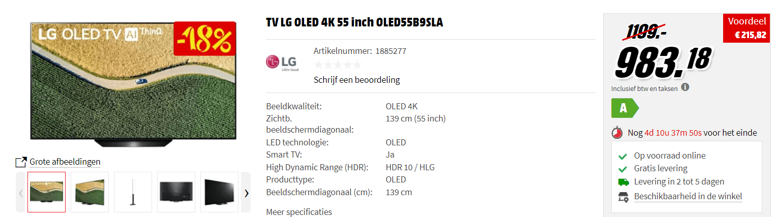 LG OLED55B9SLA.AEU tv 139,7 cm (55'') 4K Ultra HD Smart TV voor €983,18 Aanbiedingen Enlarged image
