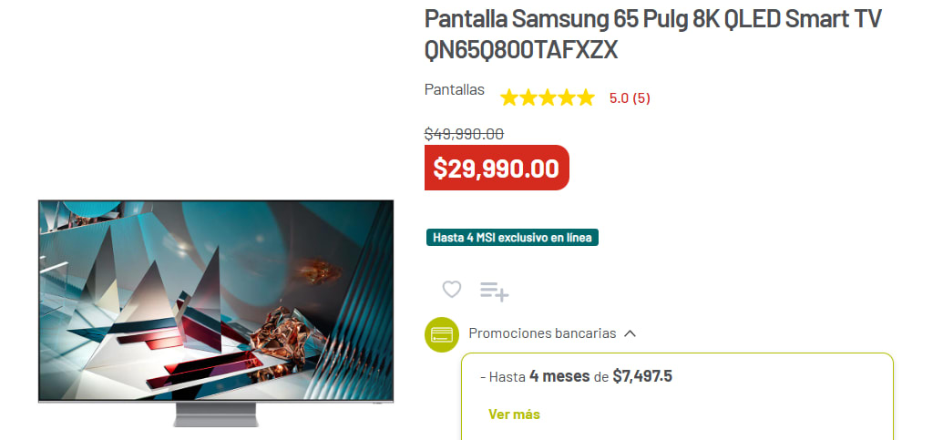 Pantalla Samsung 65 Pulg 8K QLED Smart TV QN65Q800TAFXZX