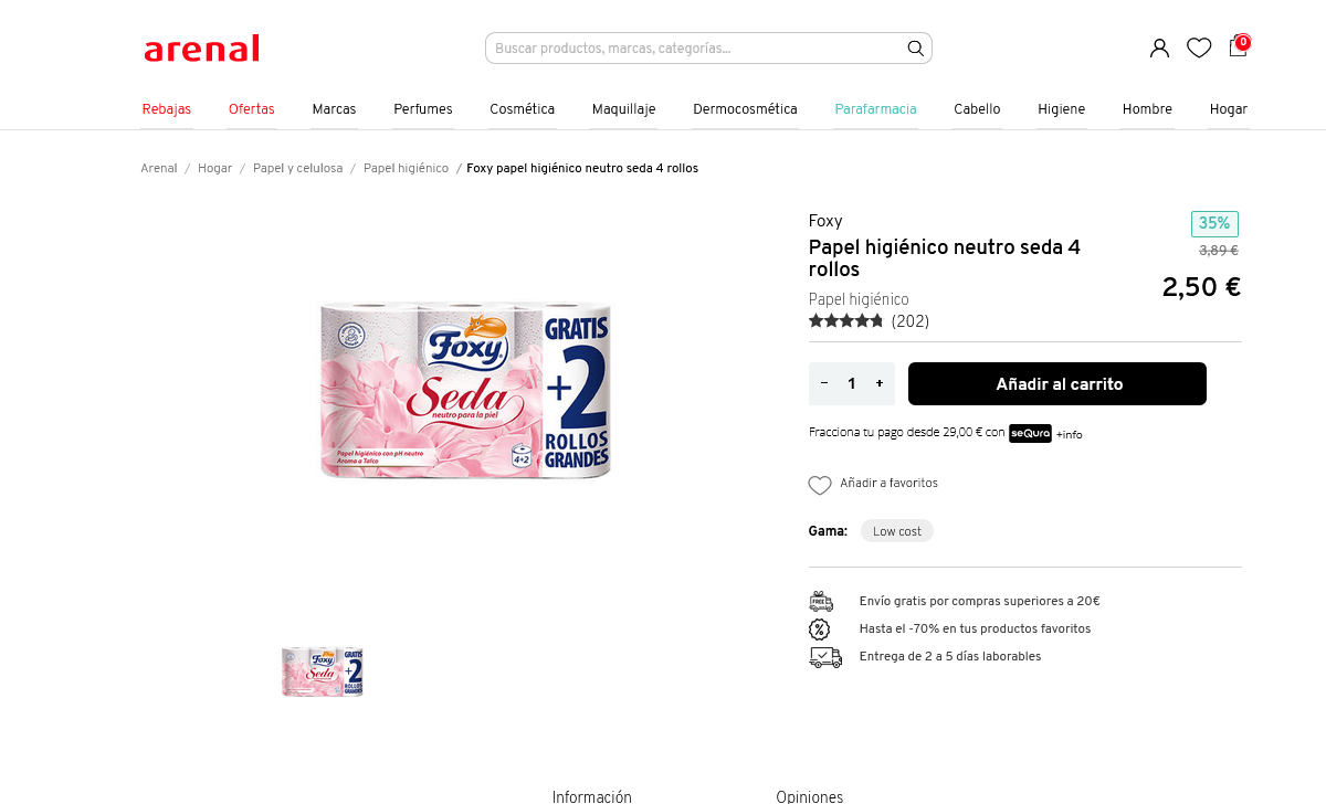 Papel higiénico Seda con pH neutro 3 capas paquete 4 rollos + 2 gratis ·  FOXY · Supermercado El Corte Inglés El Corte Inglés