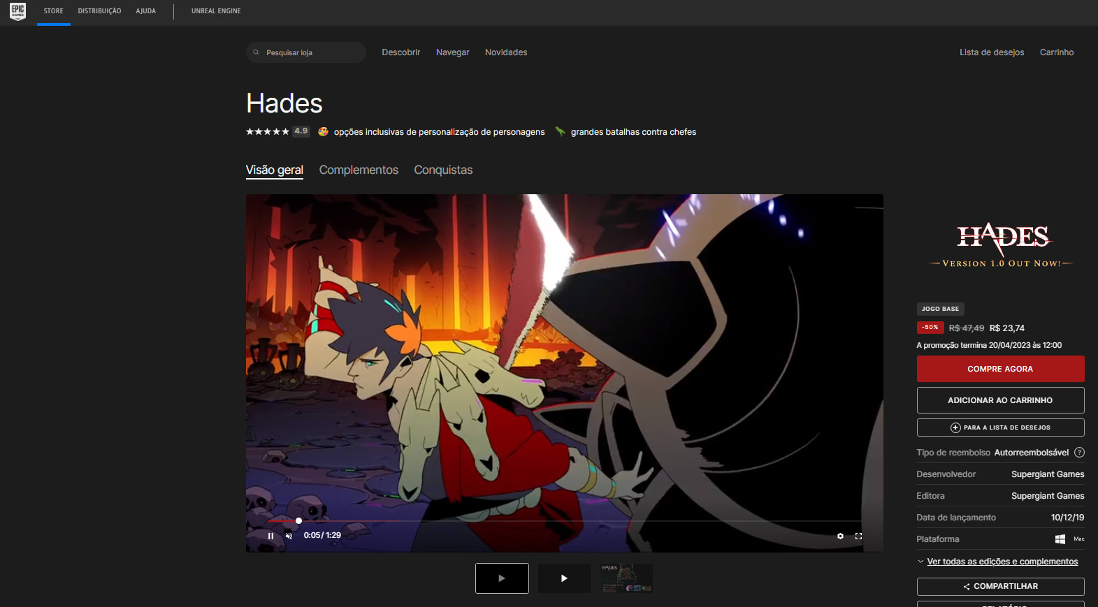 Jogo: Hades na Steam - R$ 23,74