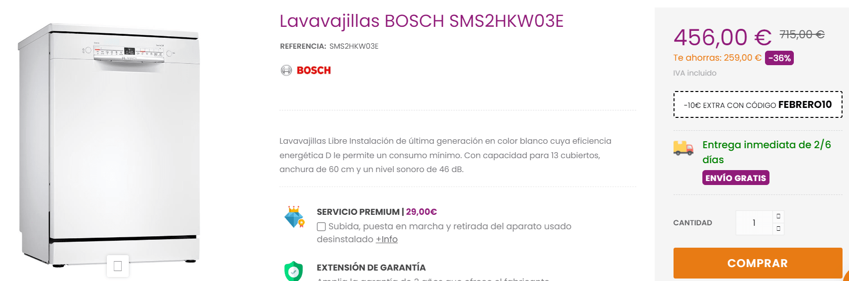 Comprar lavavajillas bosch SMS2HKW03E blanco 13 servicios