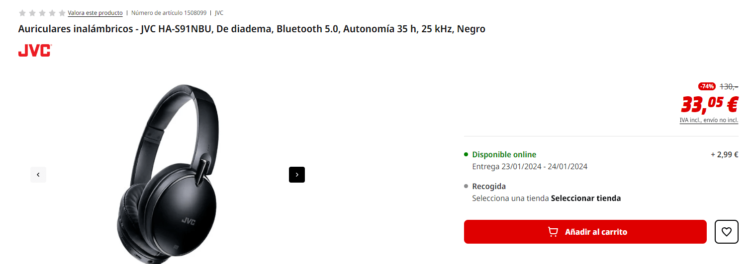 Auriculares inalámbricos  JVC HA-S91NBU, De diadema, Bluetooth 5.0,  Autonomía 35 h, 25 kHz, Negro