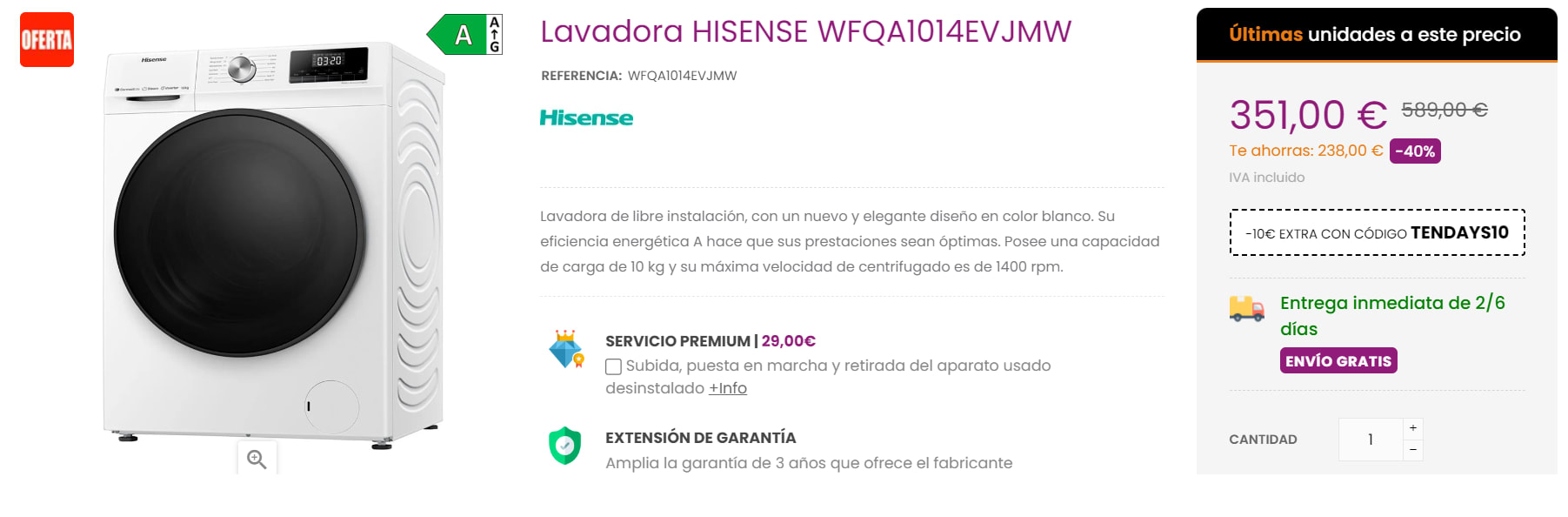 Lavadora Hisense 10 kg / 1.400 rpm - WFQA1014EVJMW · El Corte Inglés