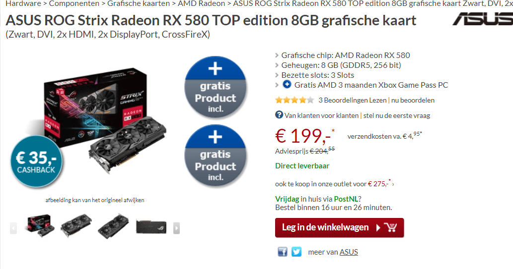 ASUS ROG Strix Radeon RX 580 TOP edition 8GB voor €164 door cashback Aanbiedingen Enlarged image