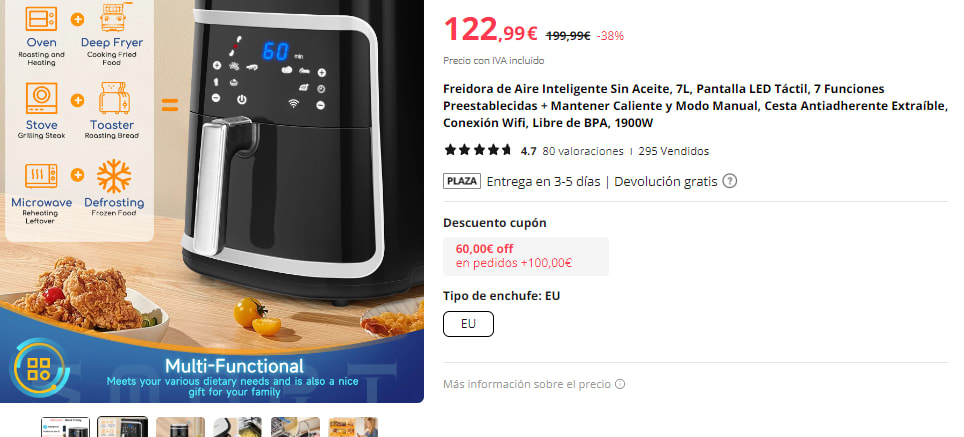 ▷ Chollo Freidora de aire Aigostar de 1.600 W y 4 litros por sólo 53,99€  con envío gratis (-46%)