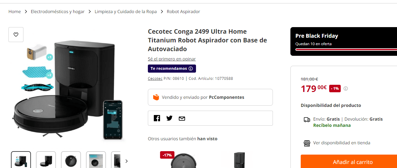 Robot Aspirador Cecotec Conga 2499 con Base de Autovaciado por 179€