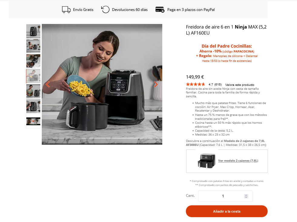 Ninja AF160 Air Fryer MAX Freidora de Aire 6 en 1 5.2L