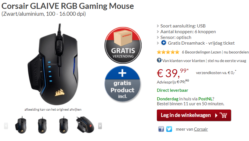 Corsair GLAIVE RGB - Optische Gaming Muis - 16000 DPI - Aluminium voor €39,99 Aanbiedingen Enlarged image