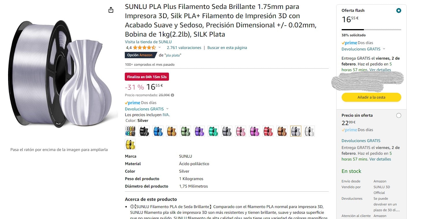 Marca Sunlu PLA Plus Filamento Seda Brillante 1.75mm para Impresora 3D  todos a 16,55
