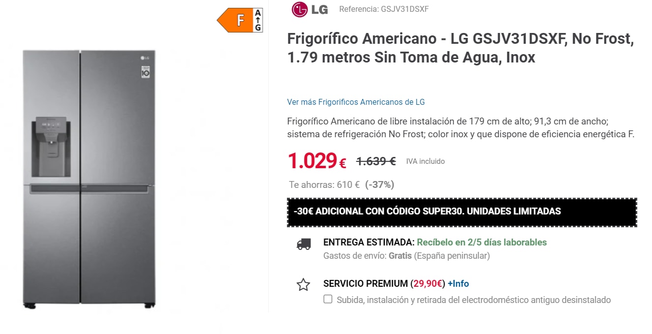 LG Frigorífico Side By side, Serie 300, sin toma de agua