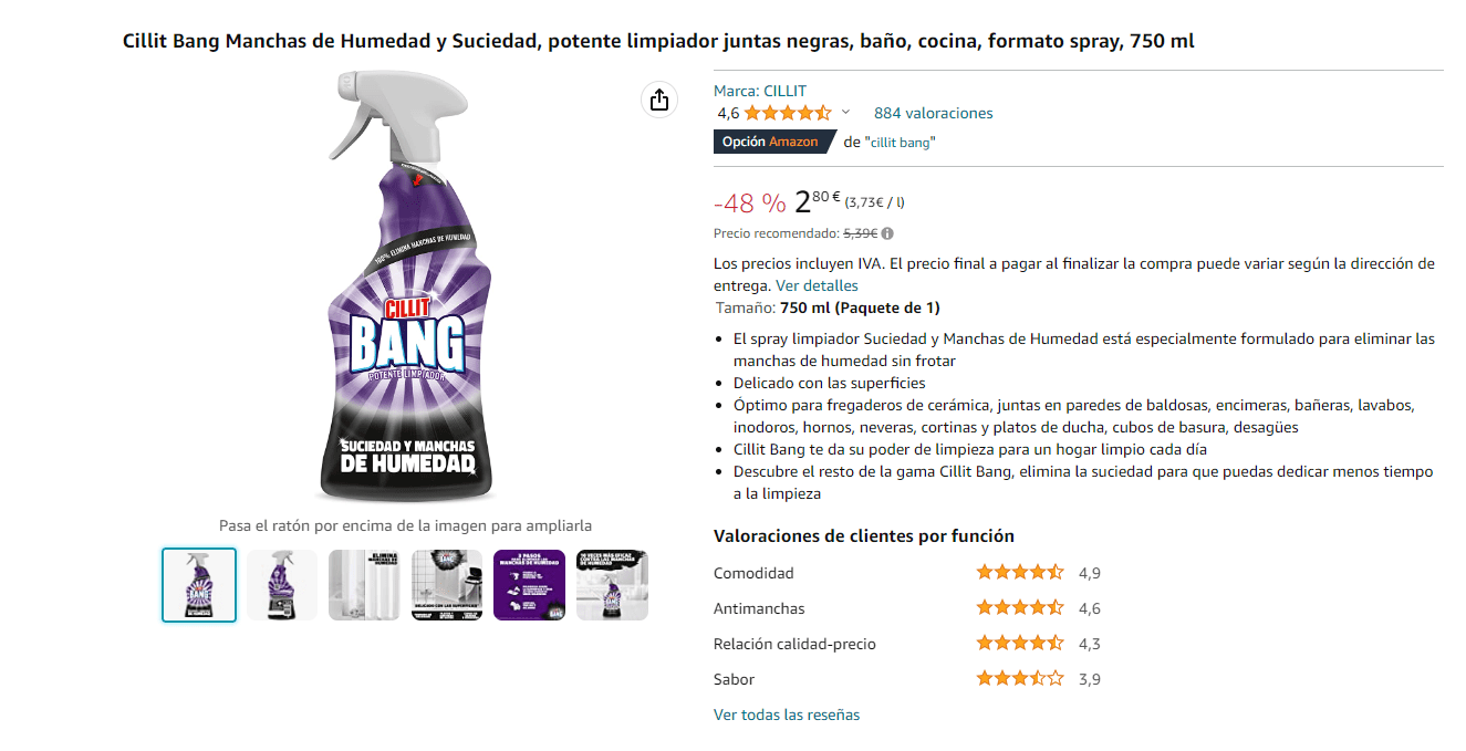 Limpiador de suciedad y manchas de humedad para baños y juntas negras Cillit  Bang 750 ml.