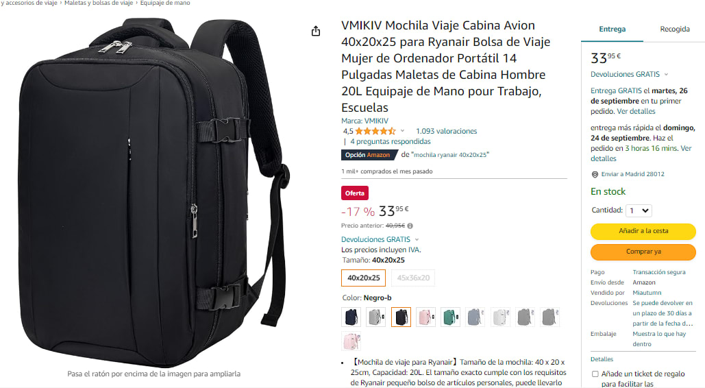 VMIKIV Mochila Viaje Cabina Avion 40x20x25 Mochila de Viaje Cabina