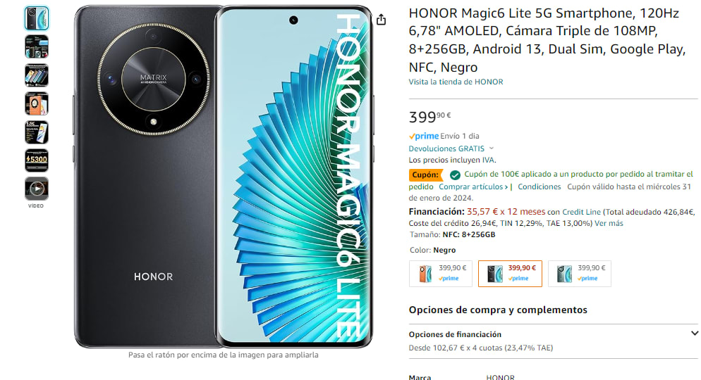 HONOR Magic6 Lite 5G Smartphone, 120Hz 6,78 AMOLED, Cámara Triple de  108MP, 8+256GB, Android 13, Dual Sim, Google Play, NFC, Verde : :  Electrónica