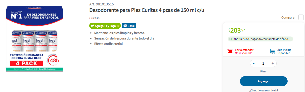 Curitas Desodorante Spray para Pies Fresh Active, 150 ml.