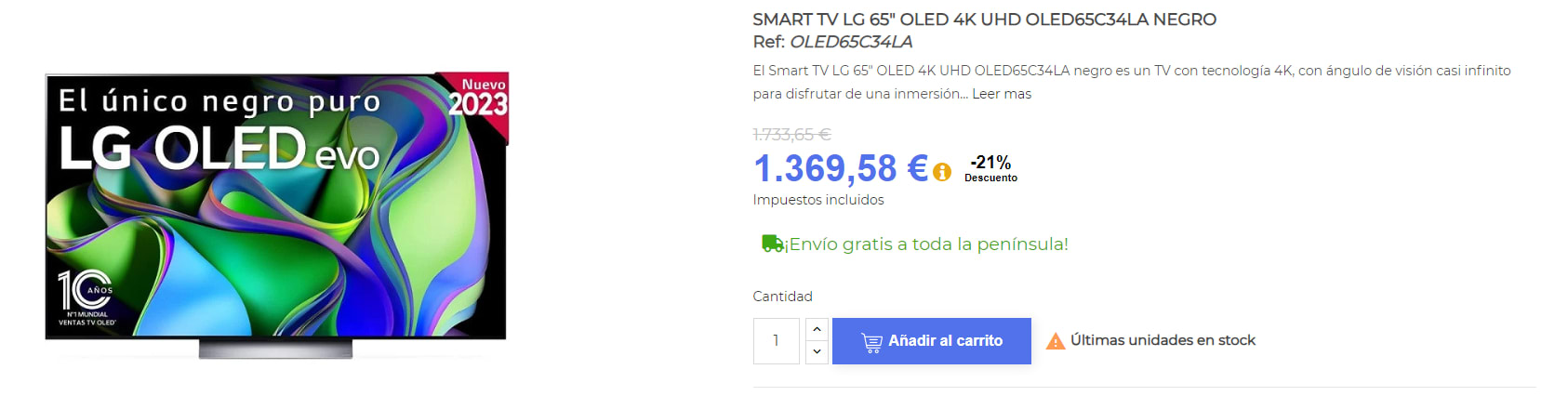 TV LG OLED65C34LA 65 OLED evo UltraHD 4K HDR10 por 1369,58€