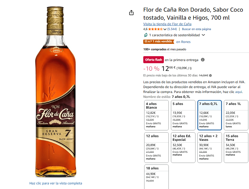 Flor de Caña Ron Dorado, Sabor Coco tostado, Vainilla e Higos, 700 ml por 12,66€