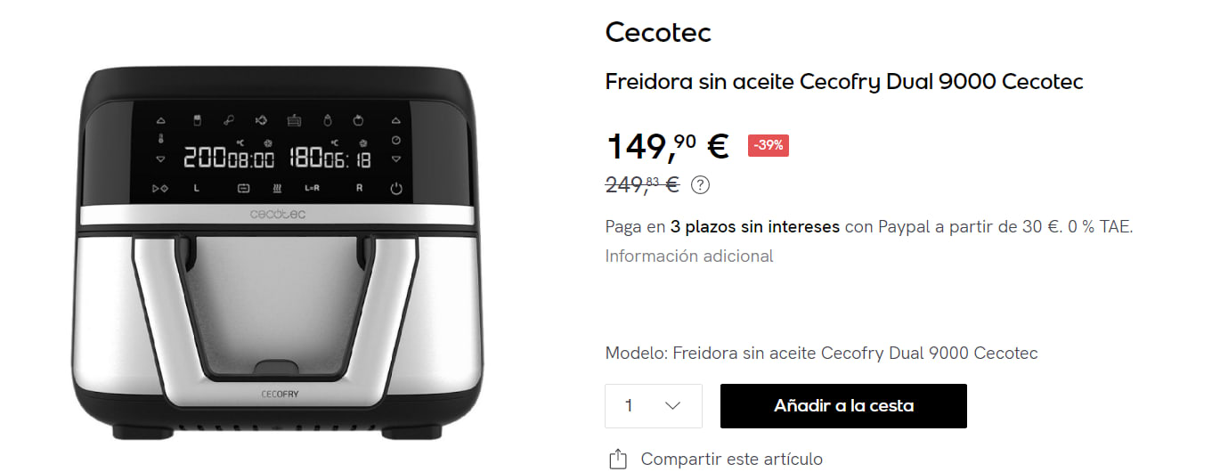 Freidora dietética Cecofry Dual 9000 digital y compacta sin aceite de 9 L  de capacidad 