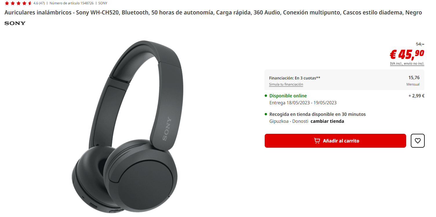 Auriculares inalámbricos  Sony WH-CH520, Bluetooth, 50 horas de autonomía,  Carga rápida, 360 Audio, Conexión multipunto, Casco estilo diadema, Blanco