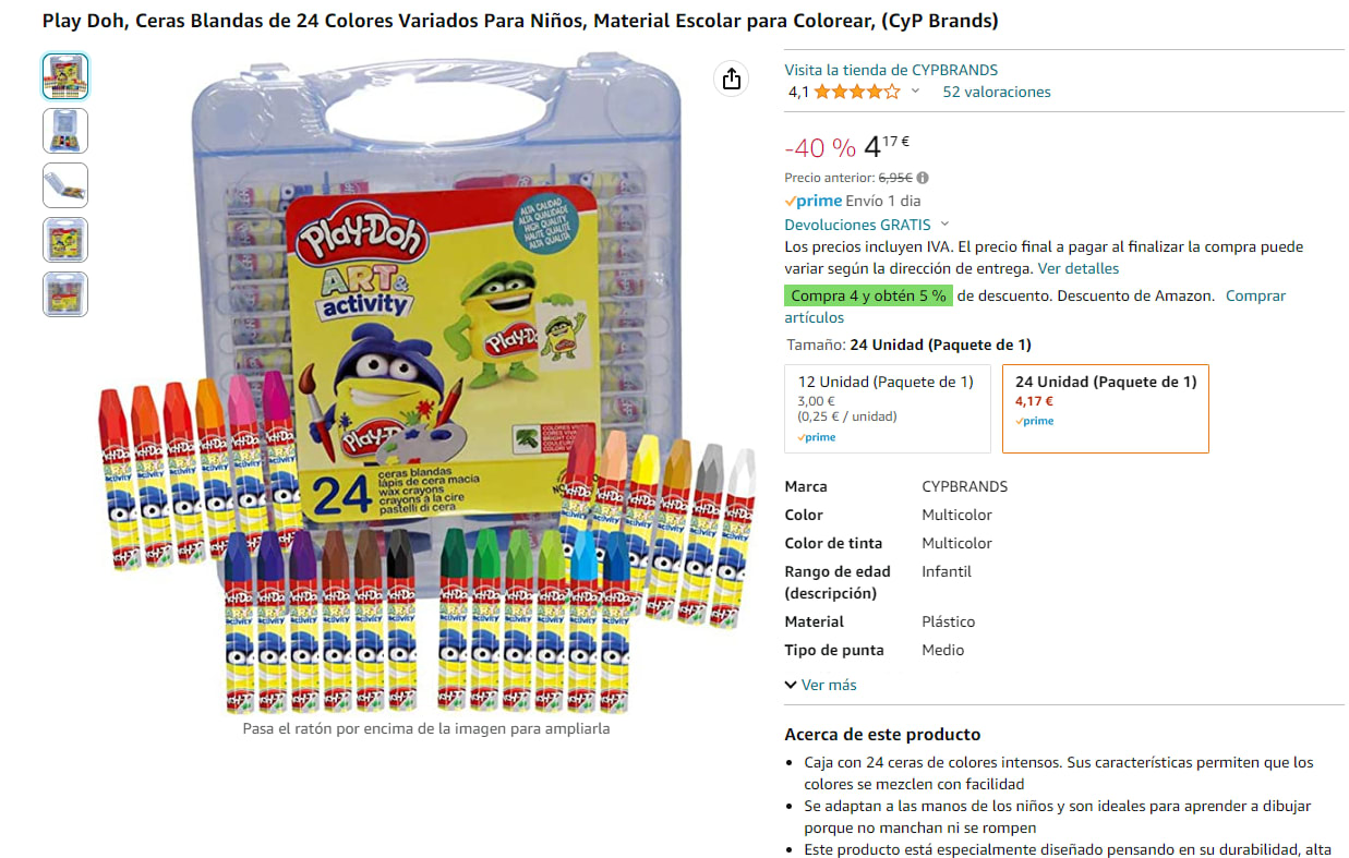 Play Doh, Ceras Blandas de 24 Colores Variados Para Niños